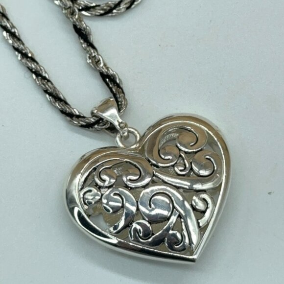 Puffy Heart Necklace Silver Tone Open Work Scroll Design Black Silver Rope Chain - Picture 7 of 8